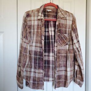 Plaid Grunge Faded Long Sleeve Brown Urban Scene Street Large Hobo Distressed